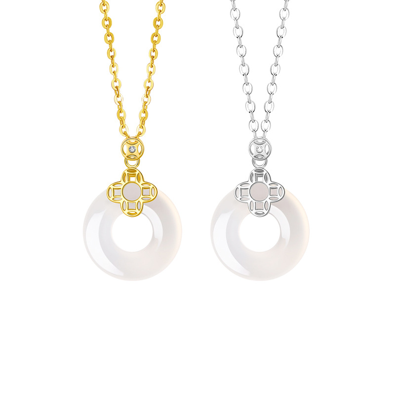 【沫緹甄選】四葉草純銀玉髓項錬國潮銅錢福氣鎖骨錬平安扣吊墜