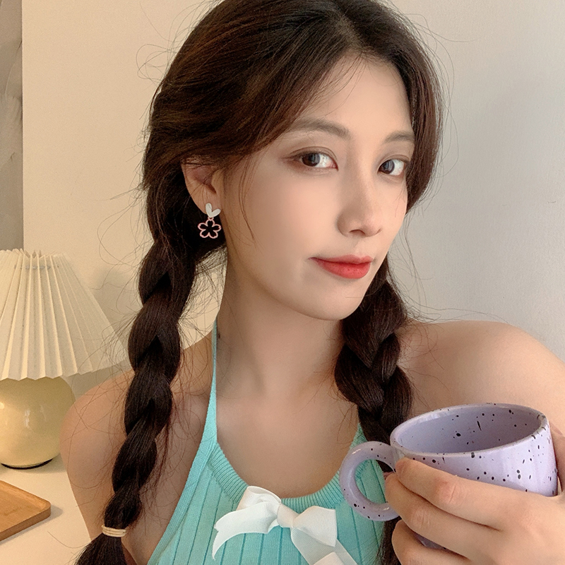 撞色愛心花朵耳環