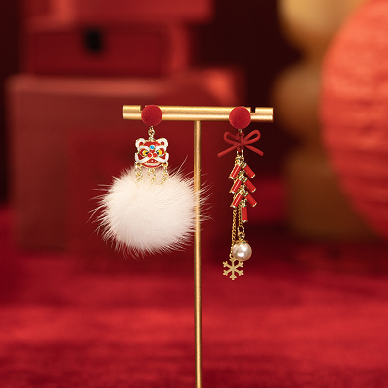 新年喜慶醒獅鈴鐺耳環