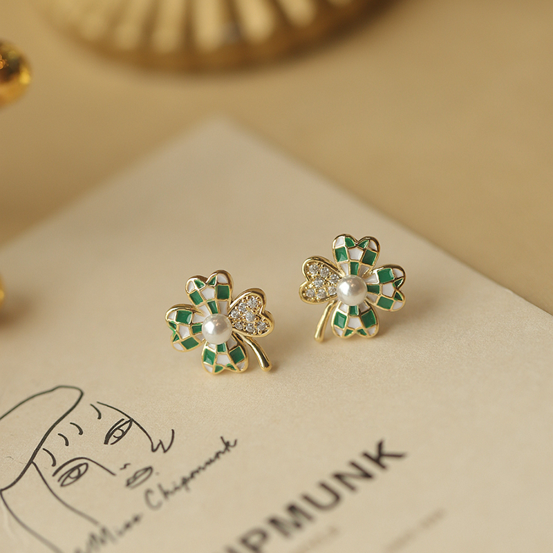 簡約綠色四葉草耳釘小清新幸運草耳環