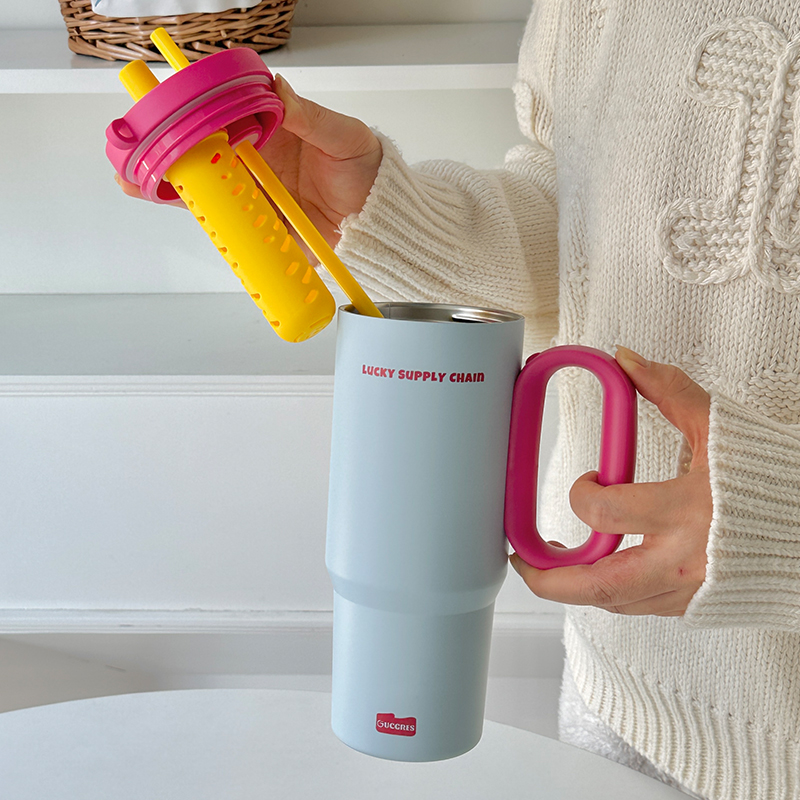 大容量把手冰霸杯 不鏽鋼吸管杯