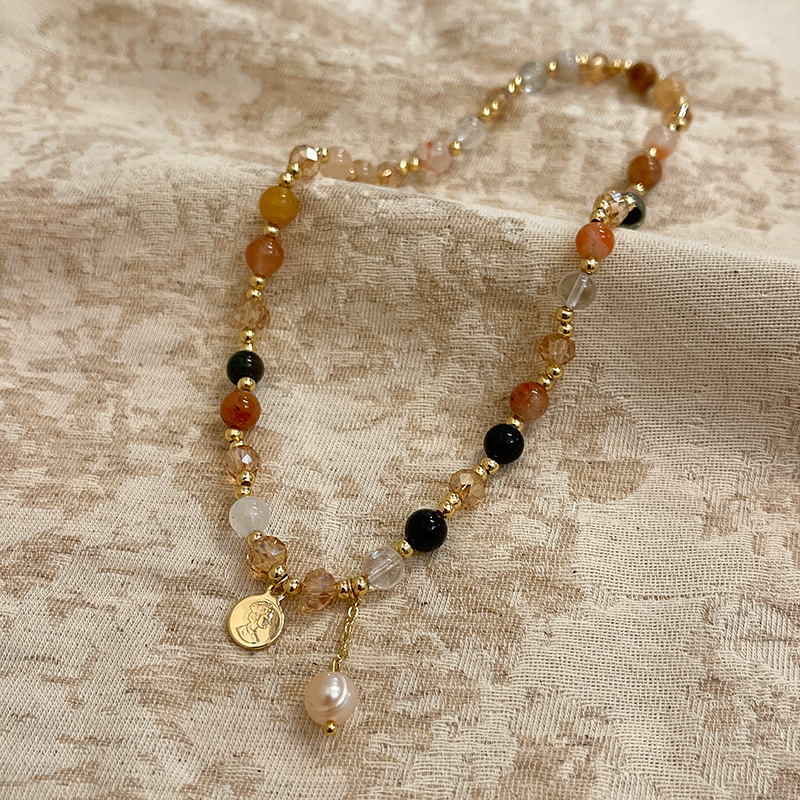 雙層茶晶水晶串珠手錬 疊戴手錬