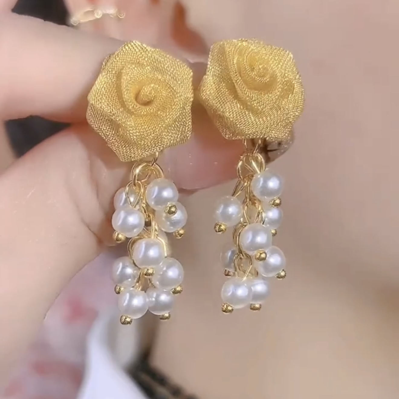 氣質鏤空網紗玫瑰花珍珠流蘇耳環