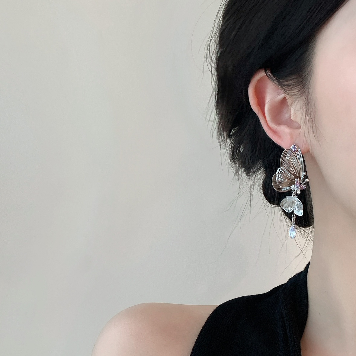 水晶蝶影 清冷感紫色蝴蝶耳環