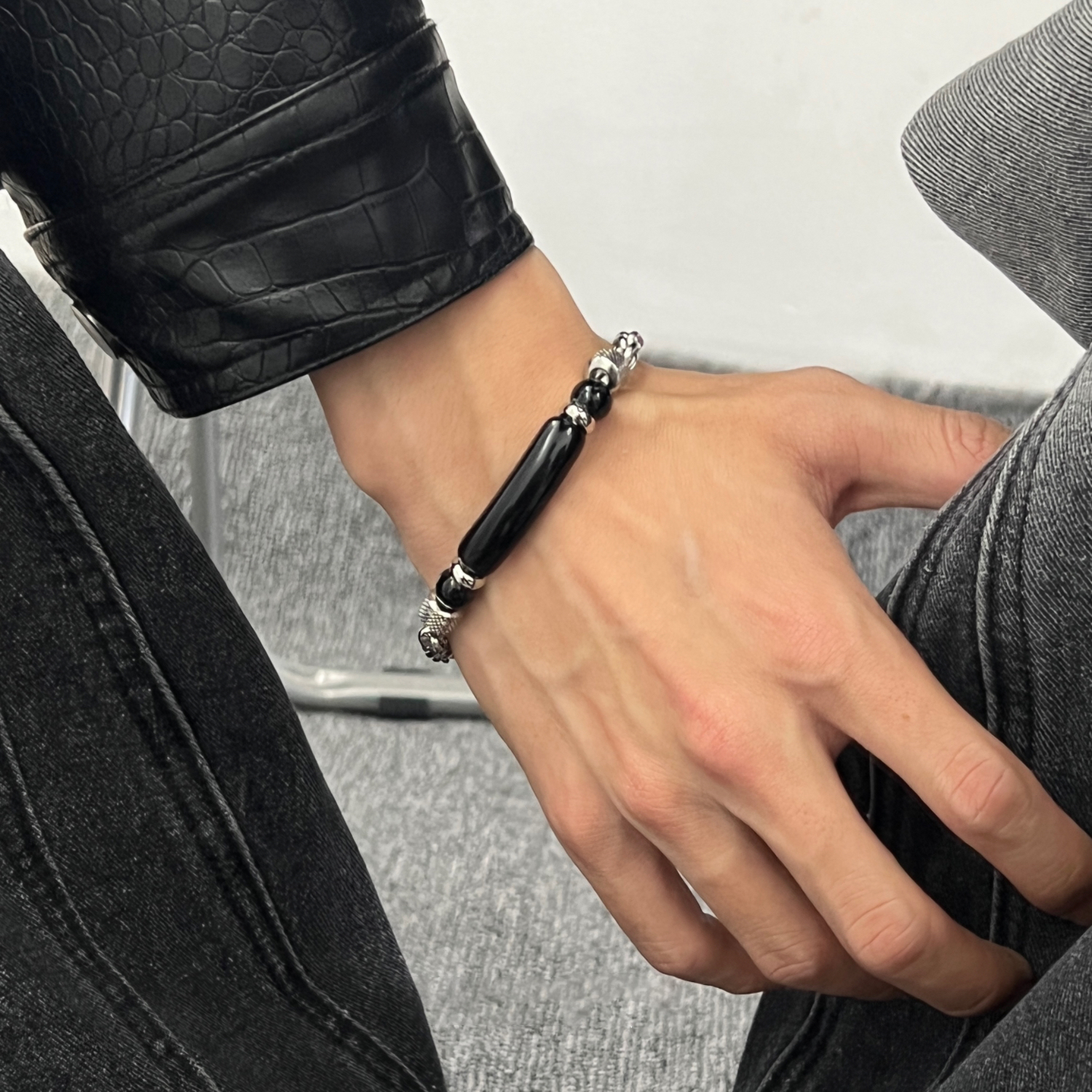 時尚鋼錬條拼接虎眼石鈦鋼男士手錬