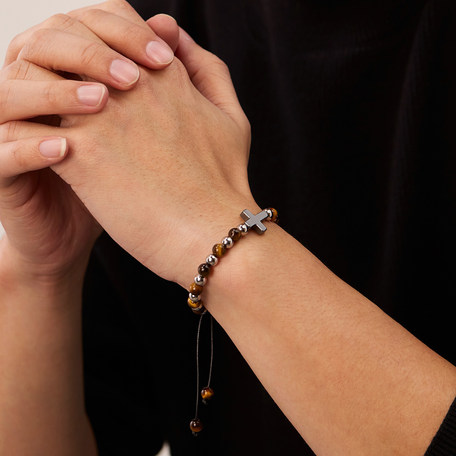 時尚十字架黑膽石拼接虎眼石手錬
