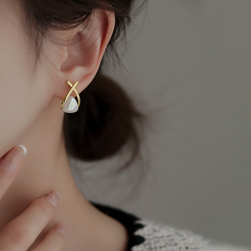 交叉珍珠純銀針耳環