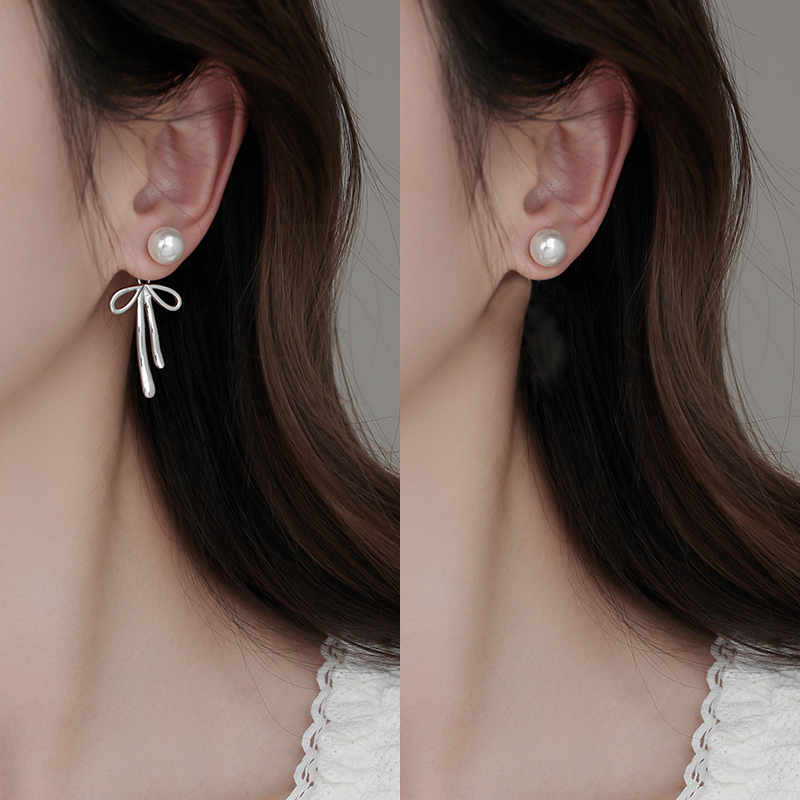 「銀鈴」灰珍珠少女心蝴蝶結耳環