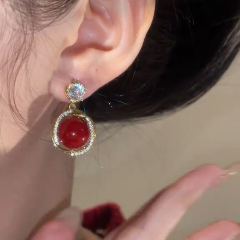 法式復古紅色珍珠耳環