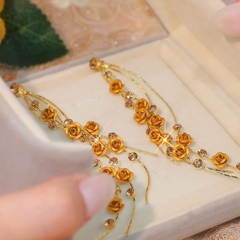 長款茶色玫瑰花流蘇耳環