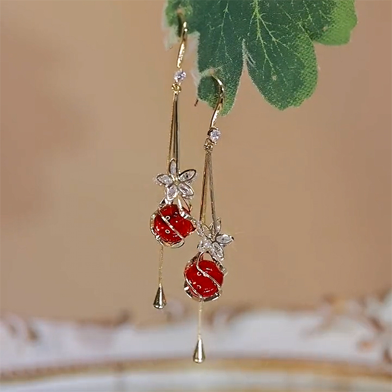 超仙紅色貓眼石流蘇耳環