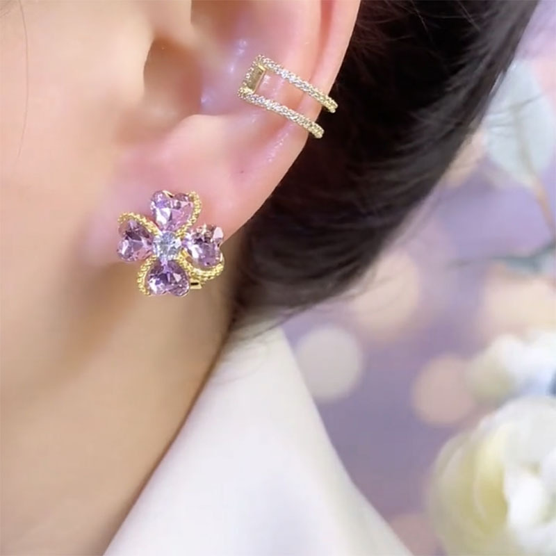 紫色四葉草鋯石花耳環