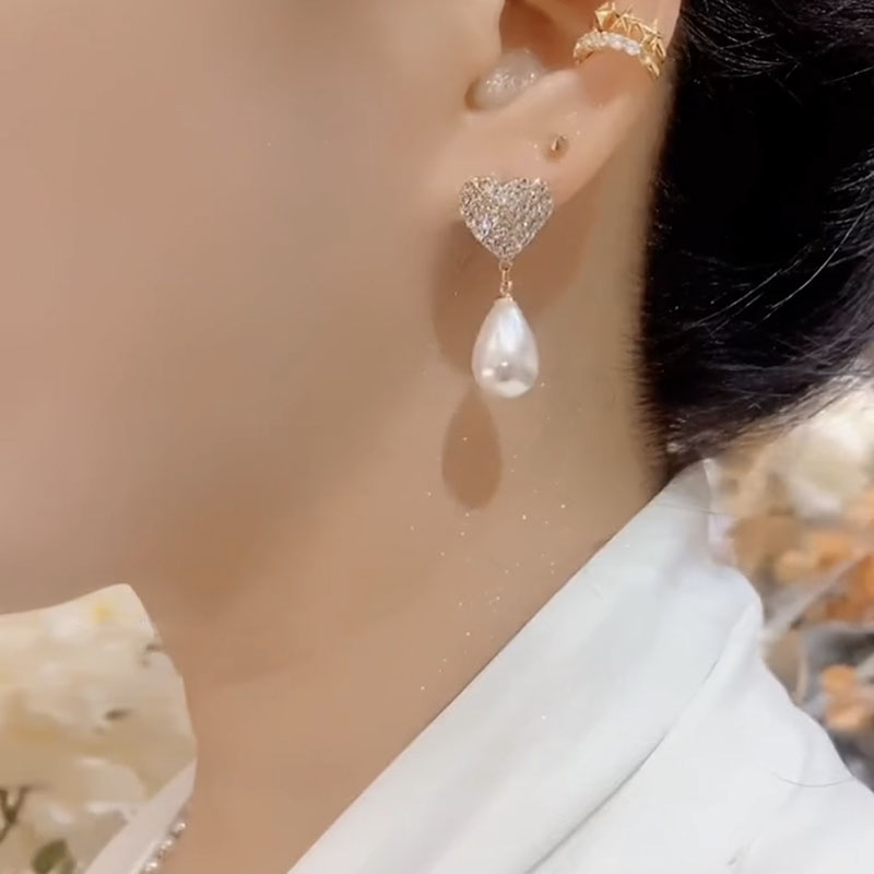 法式滿鑽愛心珍珠耳環