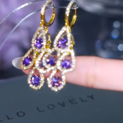 百搭氣質紫色水滴流蘇耳環