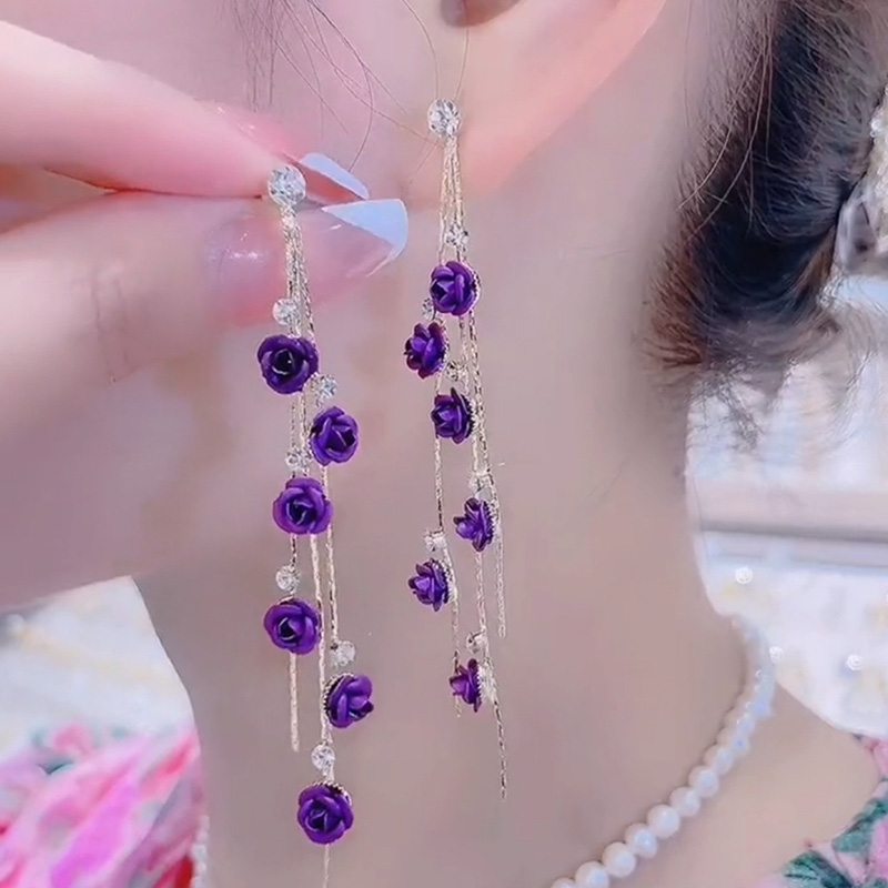 深紫色玫瑰花流蘇耳環
