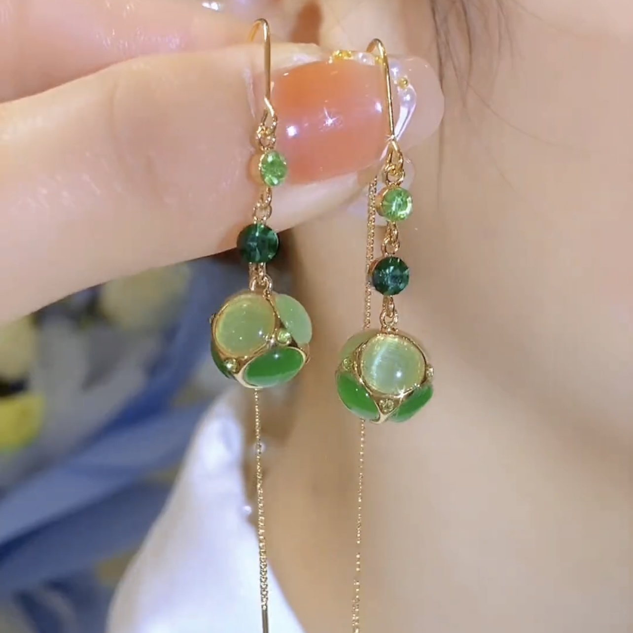 新款綠色貓眼石氣質耳環
