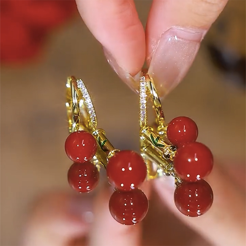 民國風竹節紅色珍珠耳環