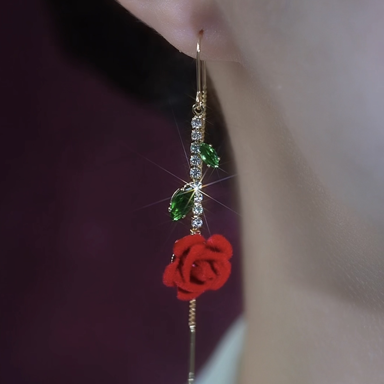 紅色植絨花朵長款精緻流蘇耳環