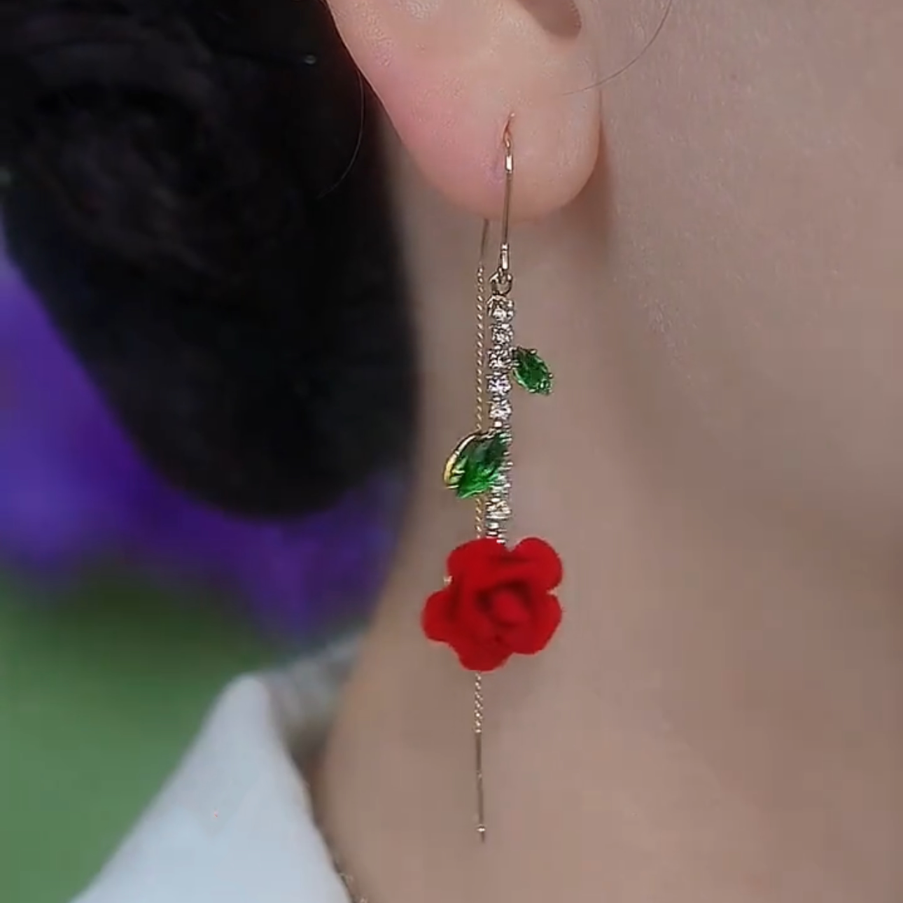 紅色植絨花朵長款精緻流蘇耳環