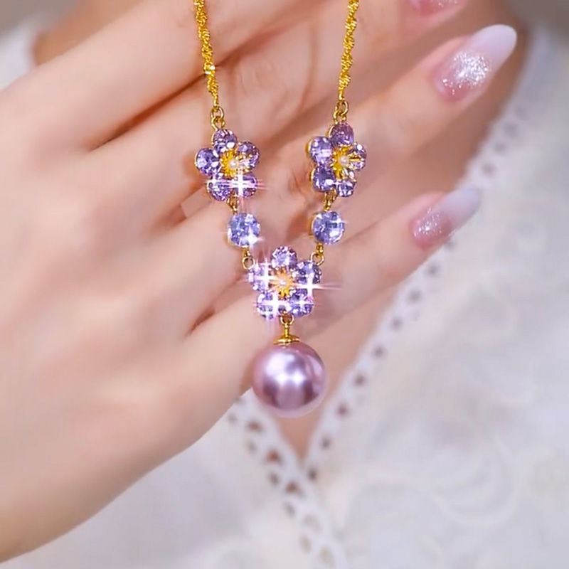 紫色鋯石花朵珍珠項鍊