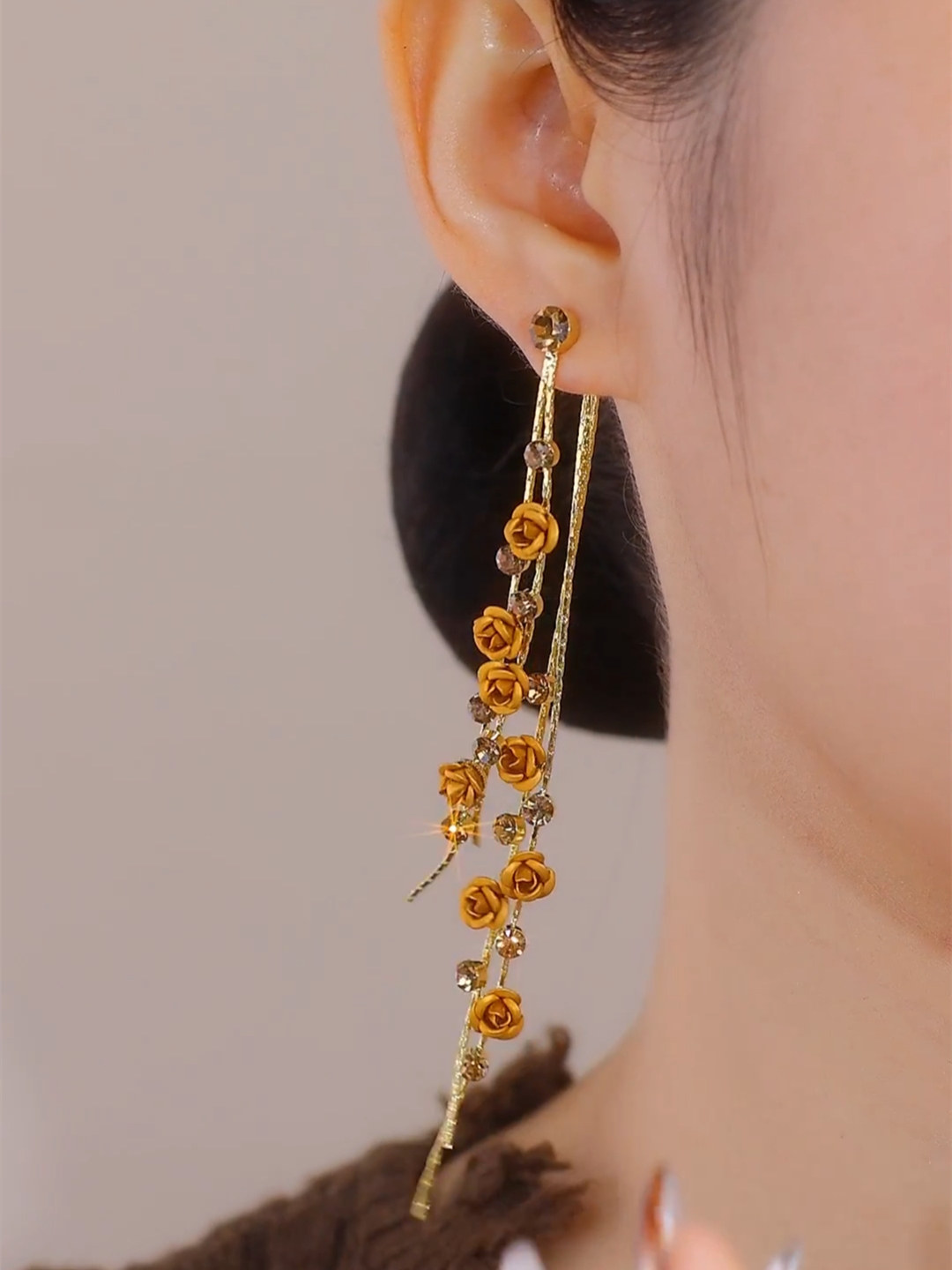 長款茶色玫瑰花流蘇耳環