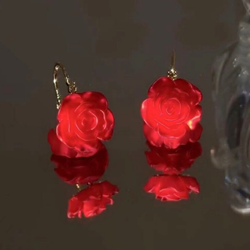 簡約紅色玫瑰花耳環