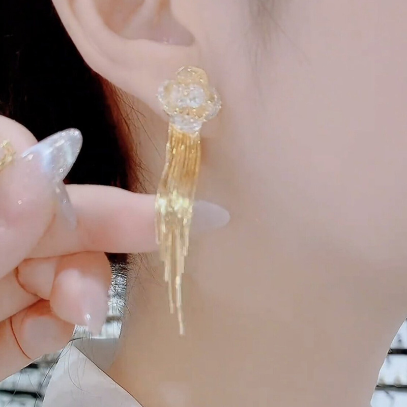 鑲鑽四葉花流蘇耳環