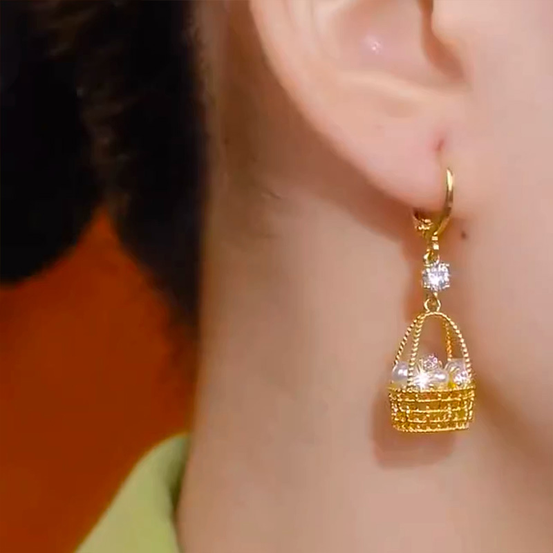 手工編織花籃珍珠耳環