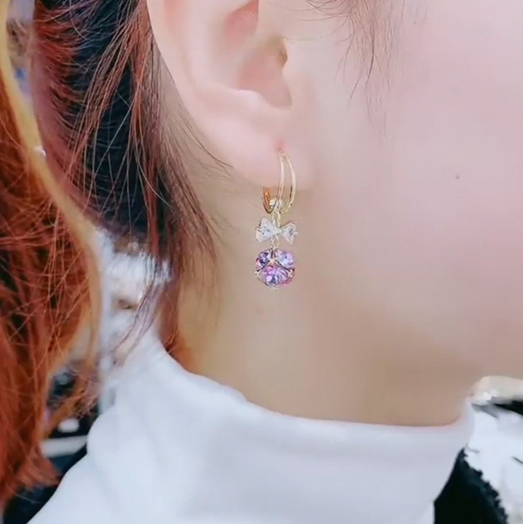 紫色蝴蝶結水晶耳環