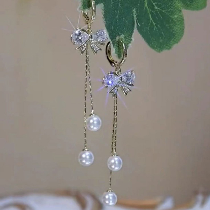 蝴蝶結珍珠流蘇耳環