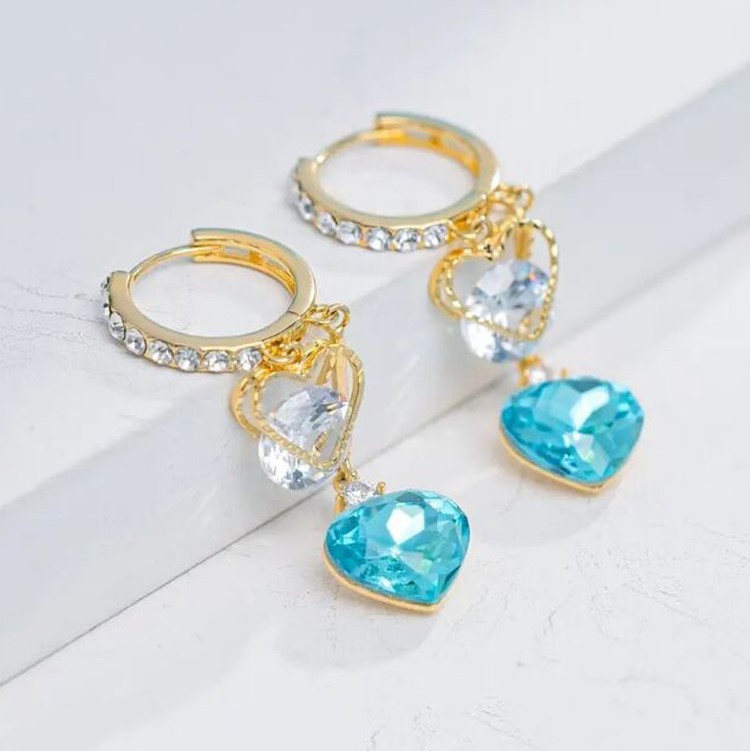 藍色水晶愛心流蘇耳環