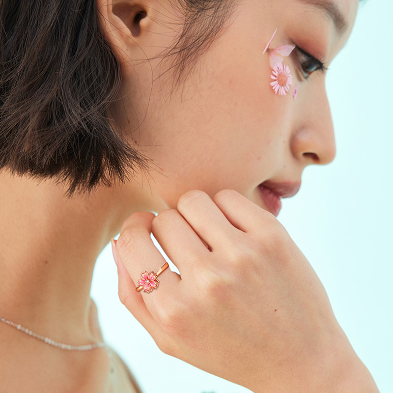 幸運粉色桃花旋轉戒指 【可調節】