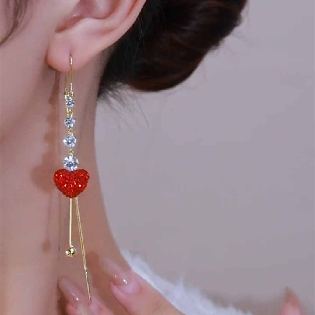 滿鑽紅色愛心流蘇耳線
