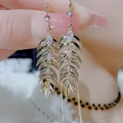 輕奢高級感葉子耳線麥穗流蘇耳環