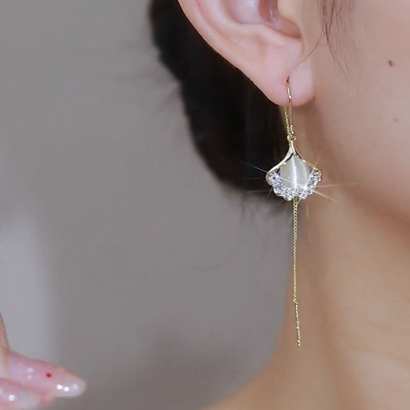 貓眼石銀杏葉耳線