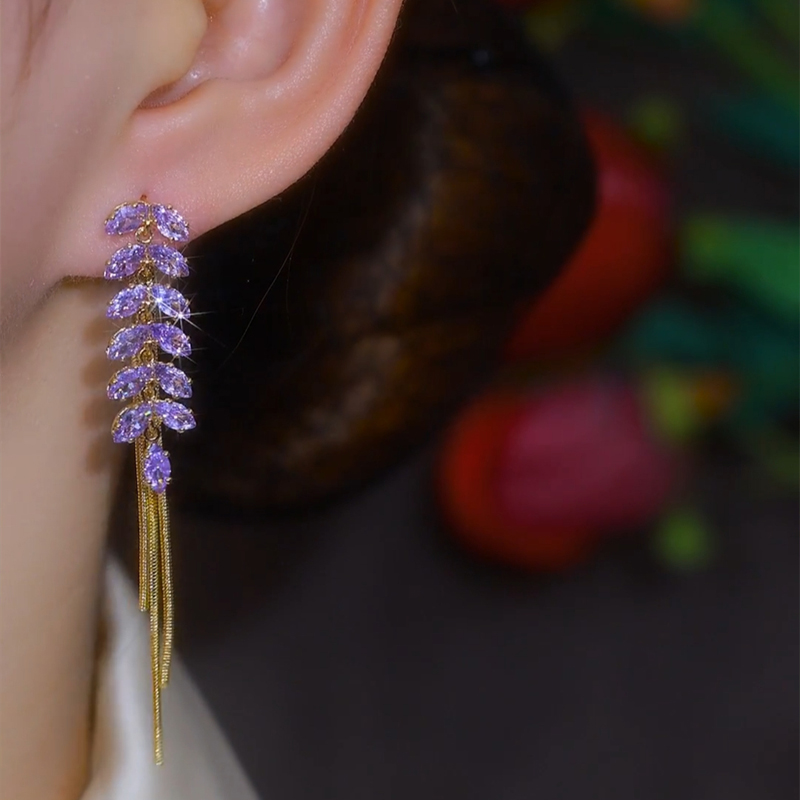 紫色麥穗長款流蘇耳環