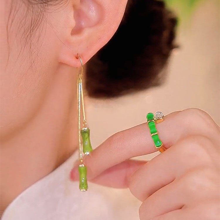 橄欖綠富貴竹節流蘇耳環