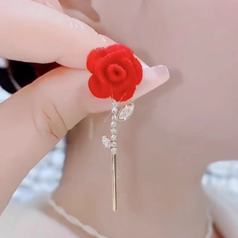浪漫紅色玫瑰花耳環