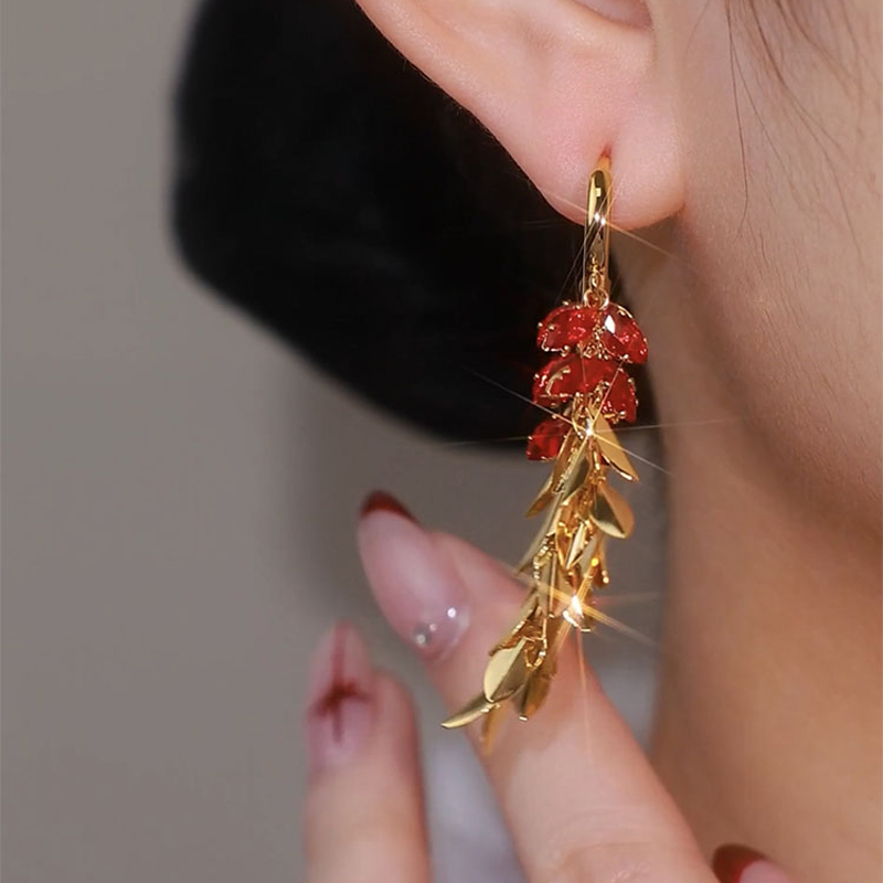 紅色鋯石水晶麥穗耳環  