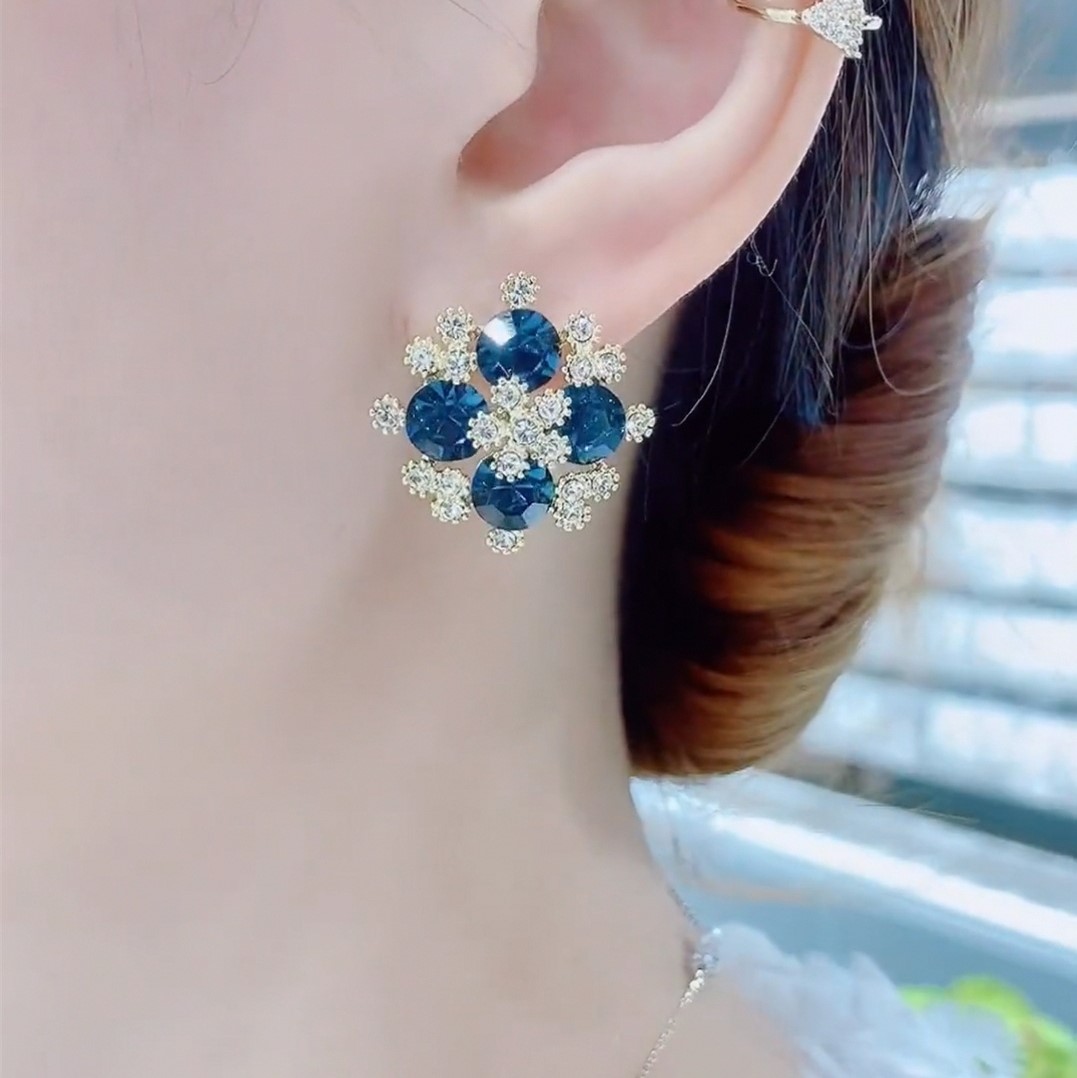 深藍色四葉花雪花耳環
