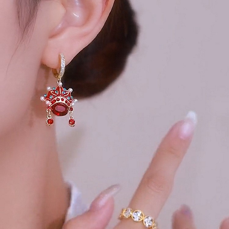 中國風紅色京劇臉譜耳環