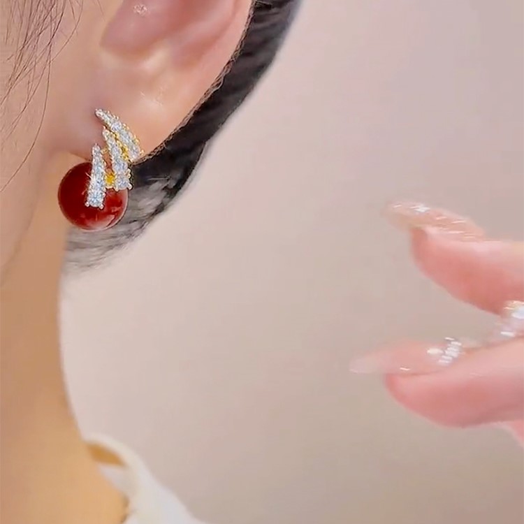 氣質簡約紅色珍珠耳環