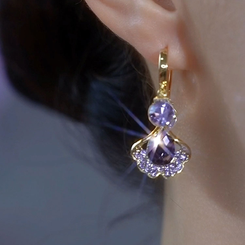 紫色銀杏葉貓眼石耳環