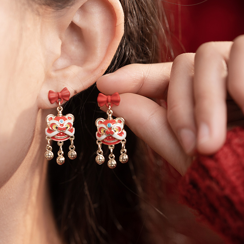 新年喜慶醒獅鈴鐺耳環