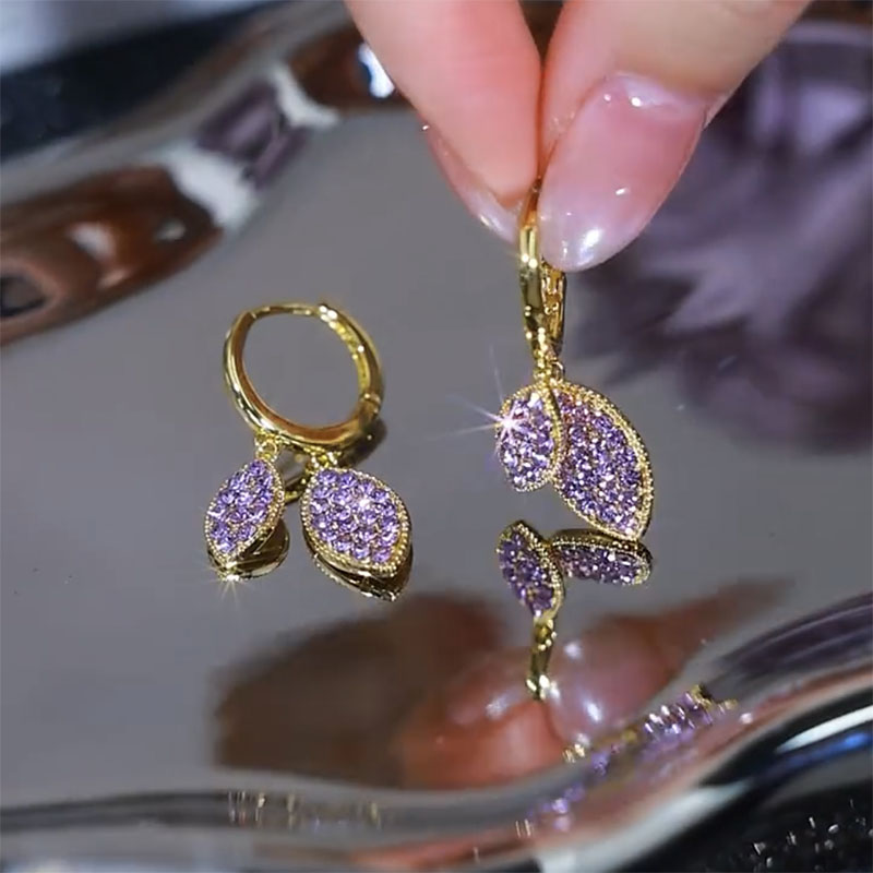新款紫色鋯石葉子耳環