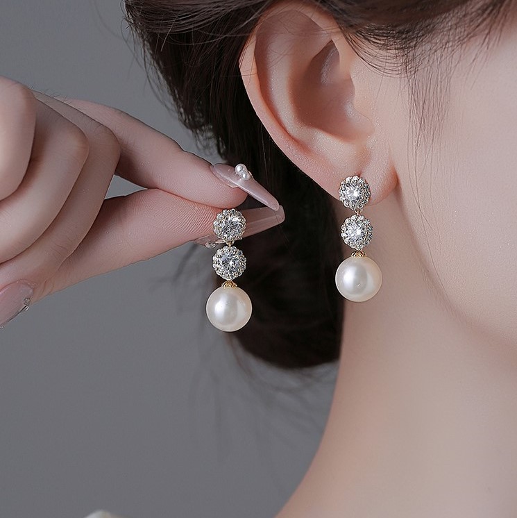 氣質珍珠閃鑽流蘇耳環   