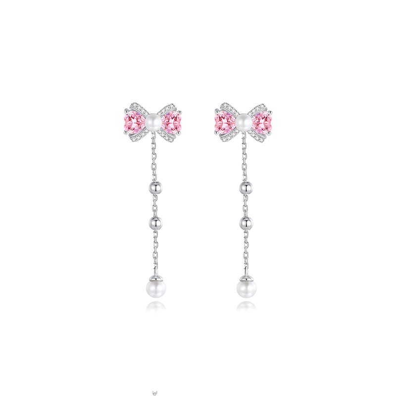 【沫緹甄選】925純銀粉鑽少女珍珠蝴蝶結耳釘輕奢高級感耳飾
