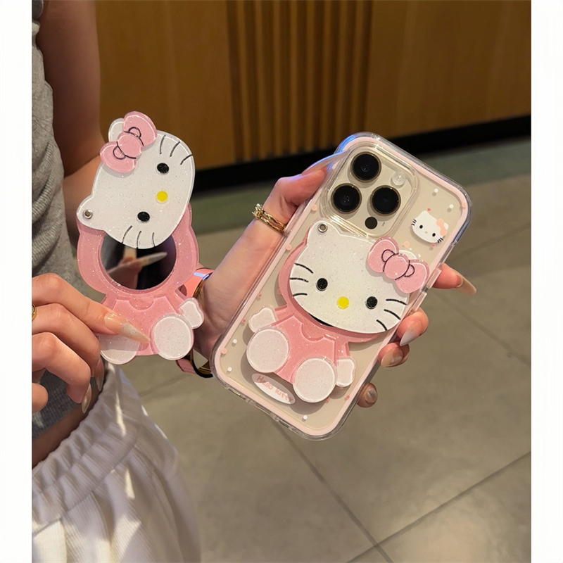 粉色kitty鏡子貼件 可愛凱蒂貓軟殼 iPhone保護殼