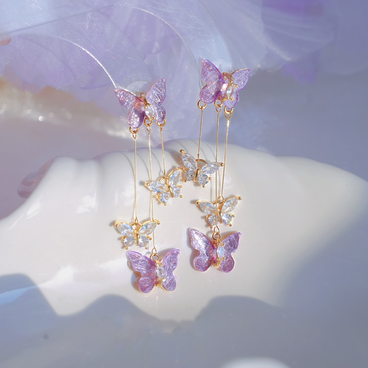 紫色水晶蝴蝶流蘇耳環
