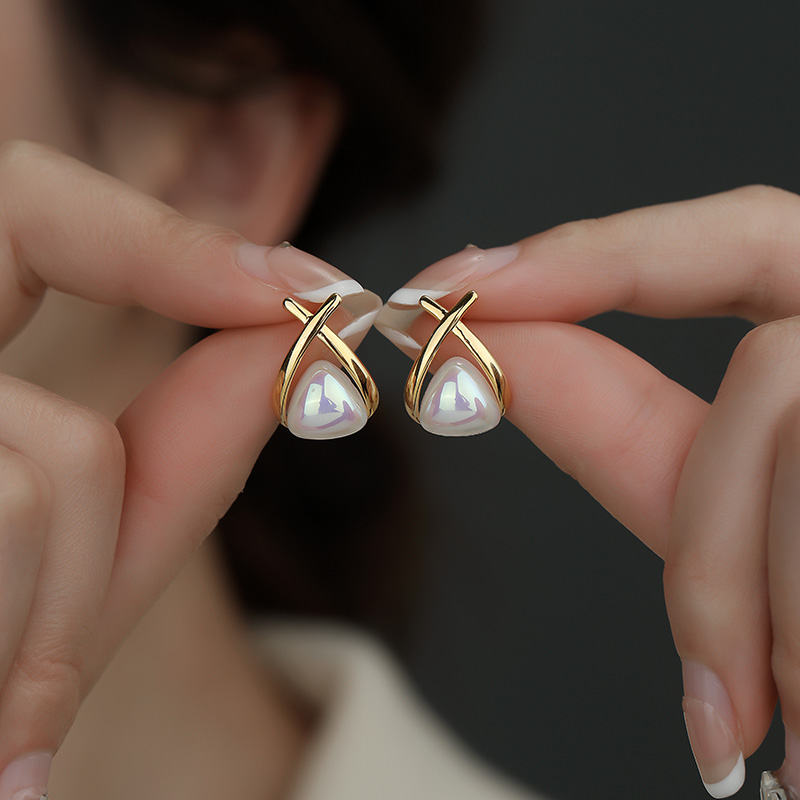 交叉珍珠純銀針耳環